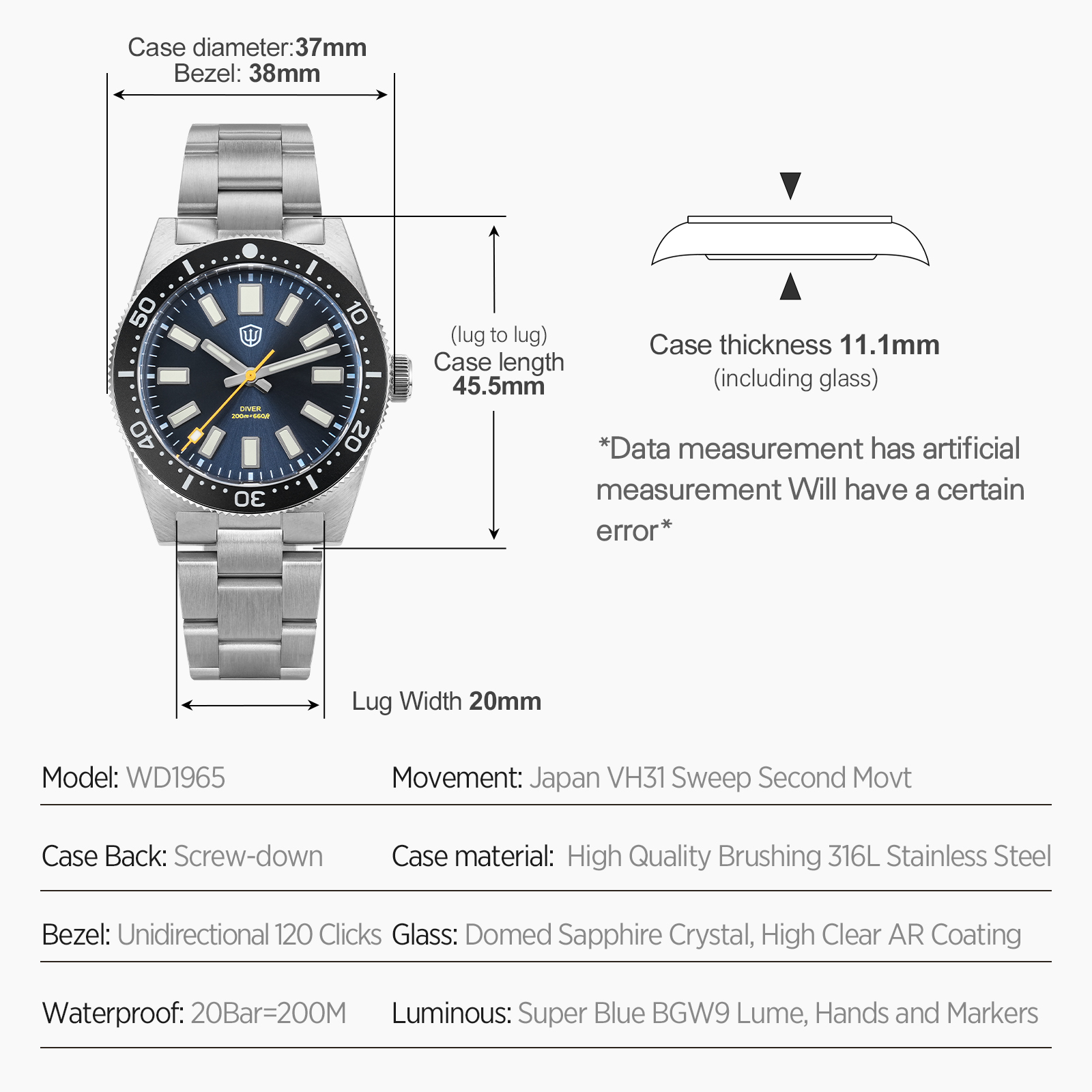 Watchdives 37Mm WD1965 V2 Man  - Luxury Watch For Men recension och pris